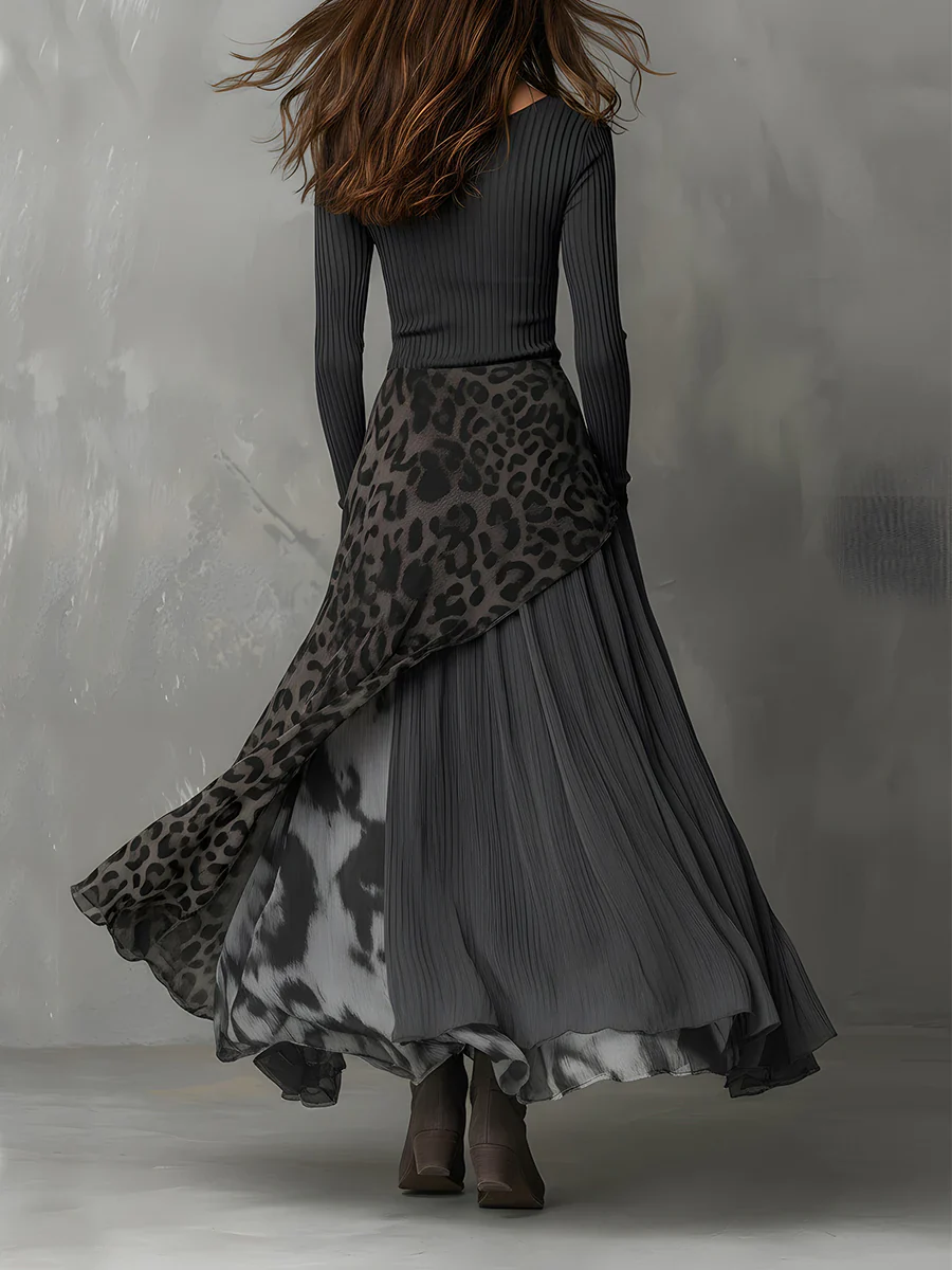 Grijze Pit Stripe Luipaardprint Splicing Ongelijke Zoom Maxi Jurk - Image 2