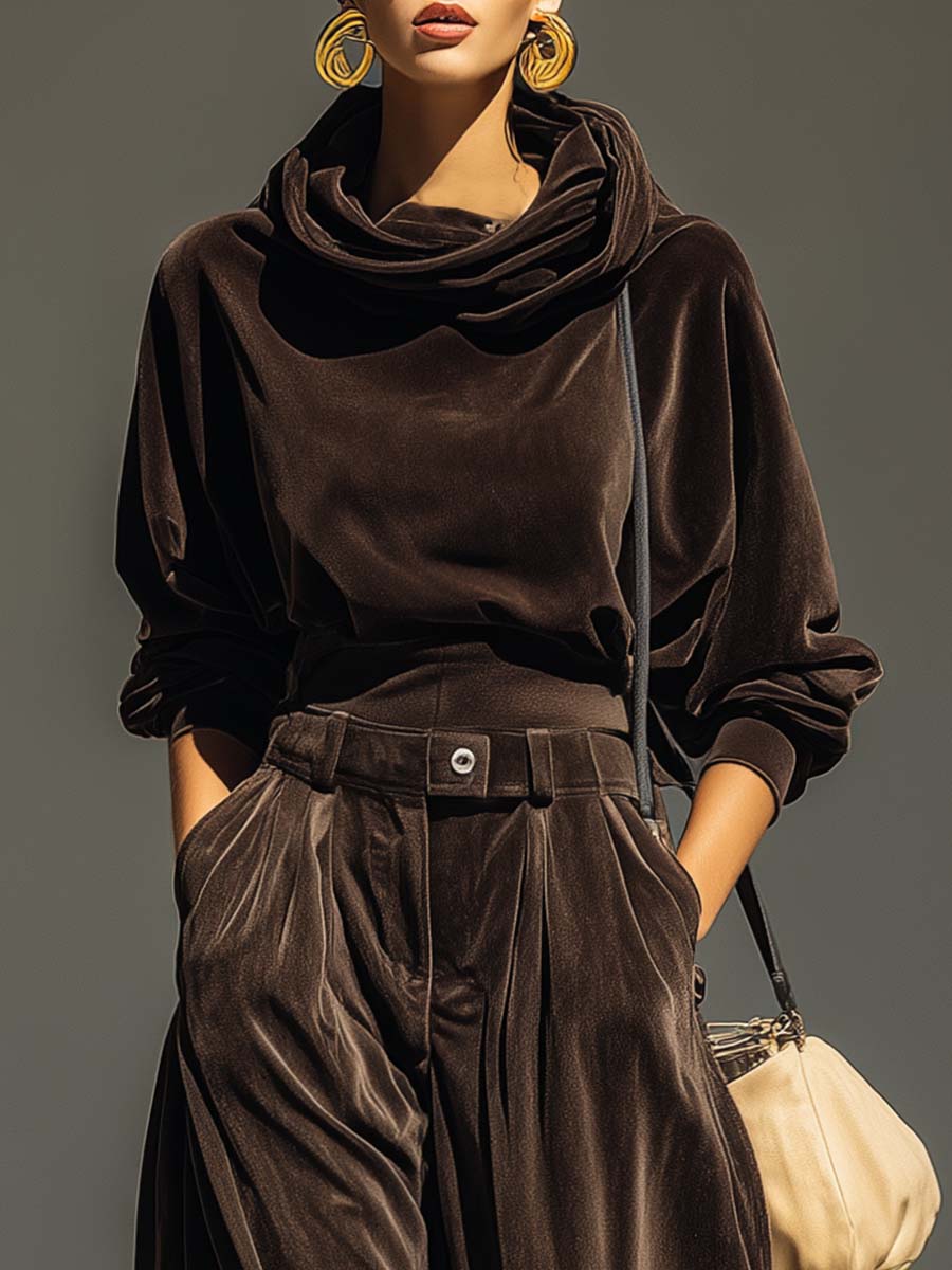 Vintage bruine fluwelen hoodie en losse broek set (Inclusief riem) - Image 5